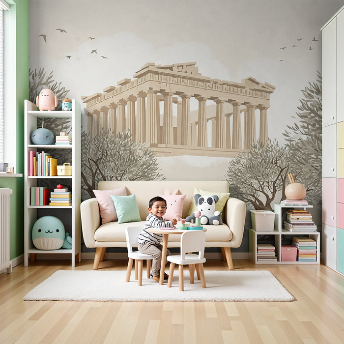 Papier peint chambre enfant | Parthénon entouré d'oliviers et de fleurs délicates