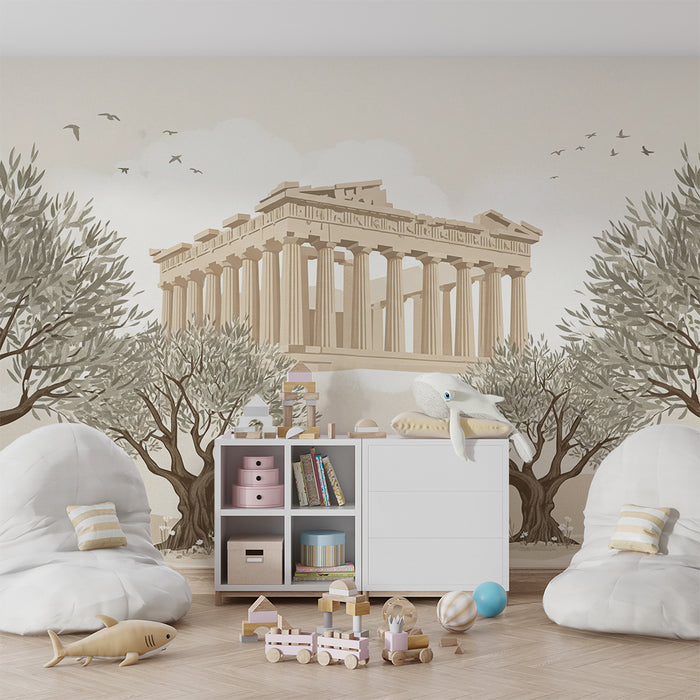 Papier peint chambre enfant | Parthénon entouré d'oliviers et de fleurs délicates