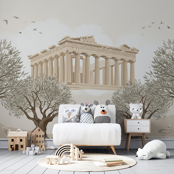 Papier peint chambre enfant | Parthénon entouré d'oliviers et de fleurs délicates