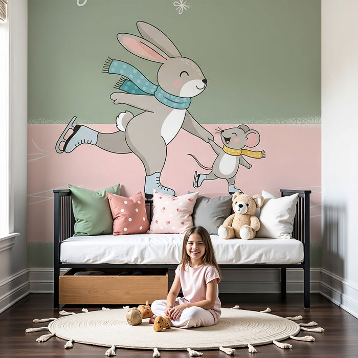 Kinderzimmer Tapete | Fröhliches Schlittschuhlaufen mit einem Hasen und einer Maus
