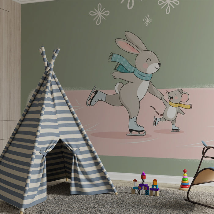 Kinderzimmer Tapete | Fröhliches Schlittschuhlaufen mit einem Hasen und einer Maus