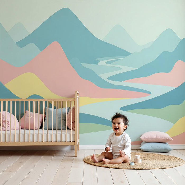Kinderkamer behang | Abstract landschap in zachte pastelkleuren
