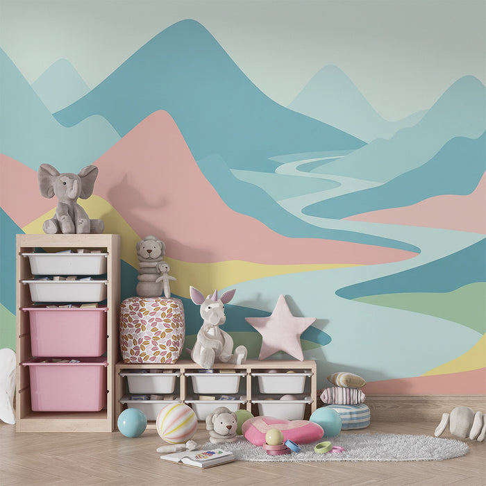Kinderkamer behang | Abstract landschap in zachte pastelkleuren