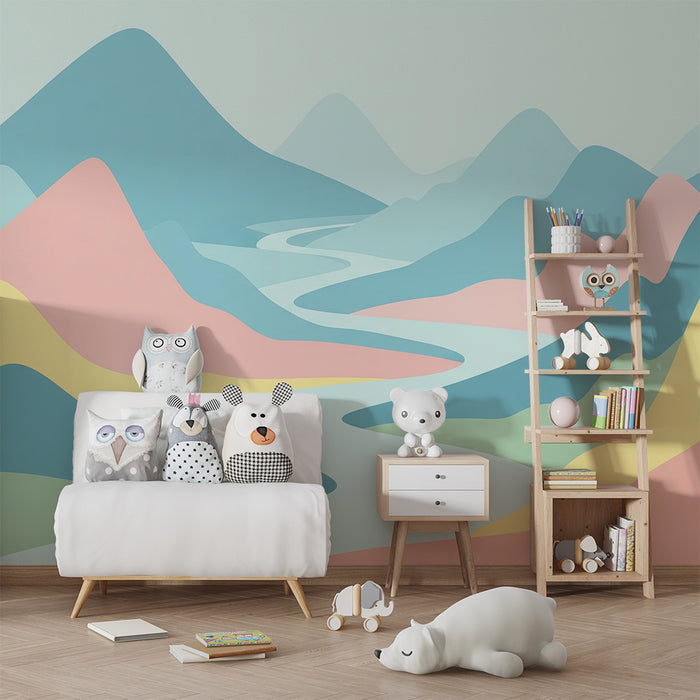 Kinderkamer behang | Abstract landschap in zachte pastelkleuren