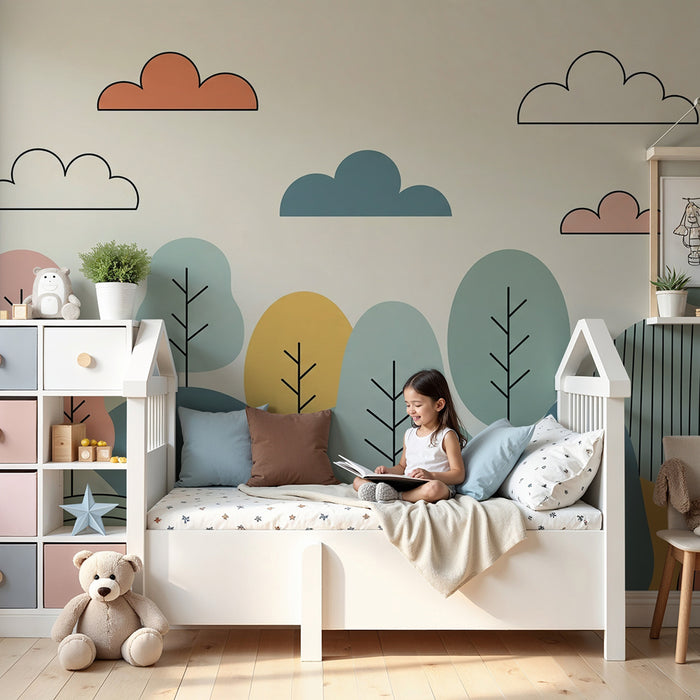 Barntapet | Abstrakt landskap med färgglada träd och moln