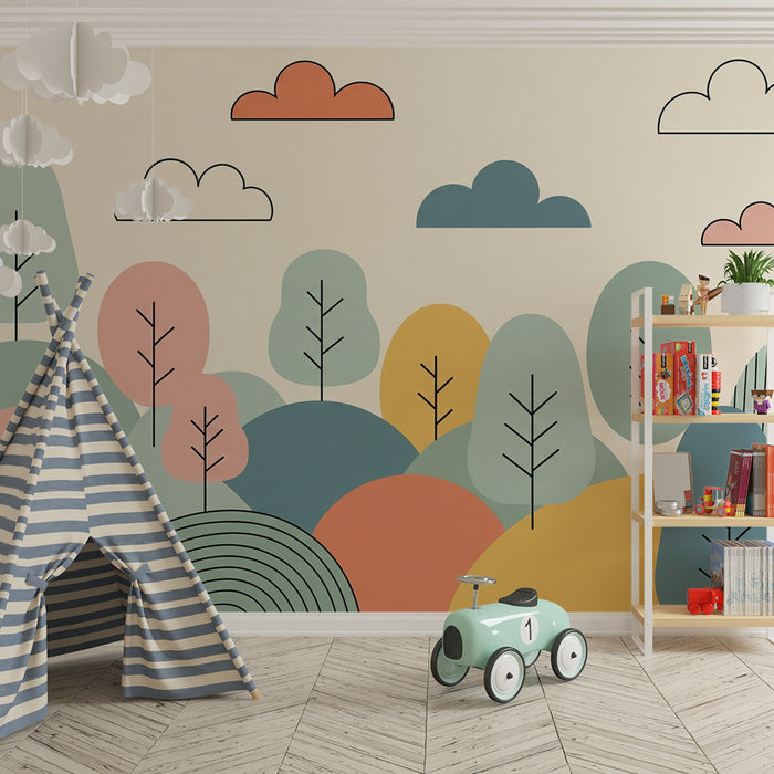 Barntapet | Abstrakt landskap med färgglada träd och moln