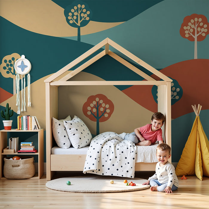 Dječja soba tapeta | Apstraktni krajolik s šarenim drvećem i blagim valovima