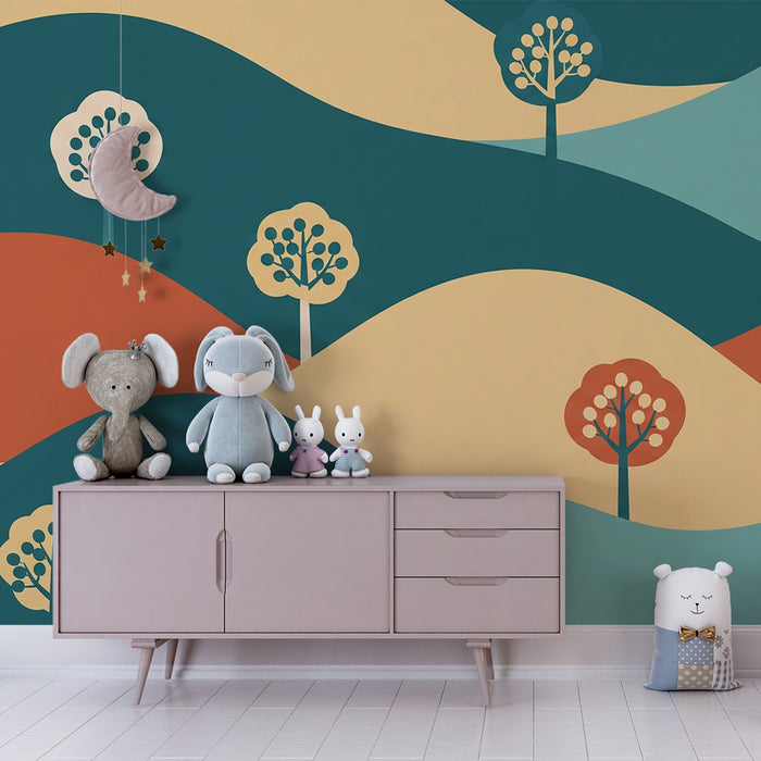 Dječja soba tapeta | Apstraktni krajolik s šarenim drvećem i blagim valovima