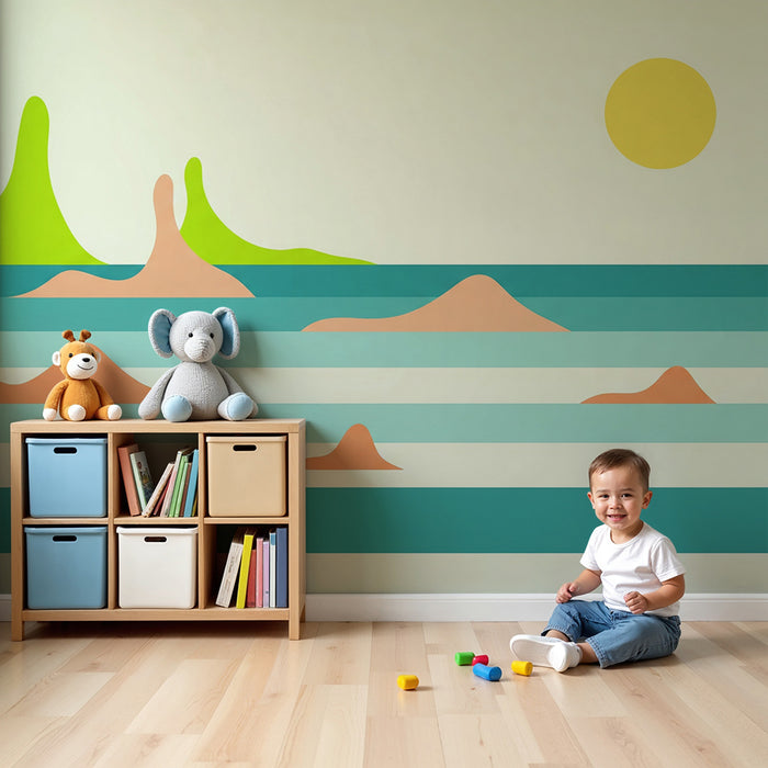 Kinderzimmer Tapete | Abstrakte Landschaft mit bunten Hügeln und strahlender Sonne