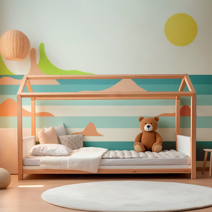Kinderzimmer Tapete | Abstrakte Landschaft mit bunten Hügeln und strahlender Sonne