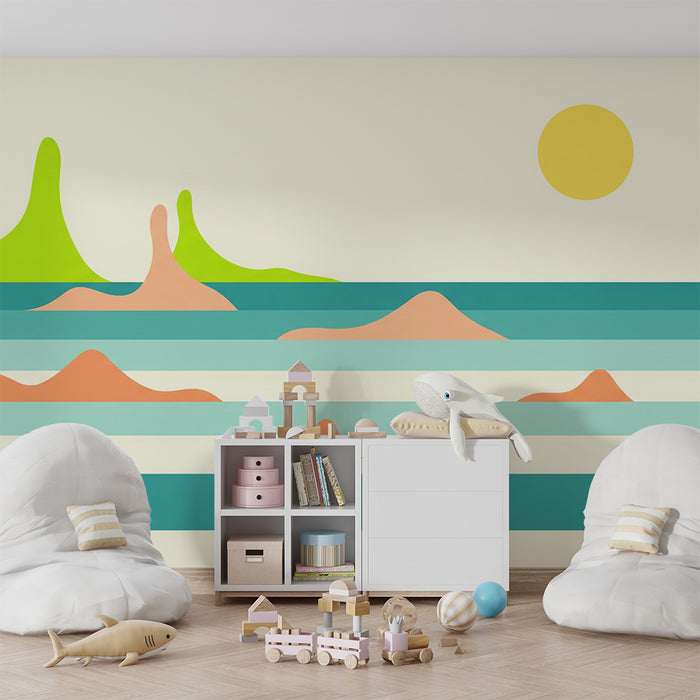 Kinderzimmer Tapete | Abstrakte Landschaft mit bunten Hügeln und strahlender Sonne