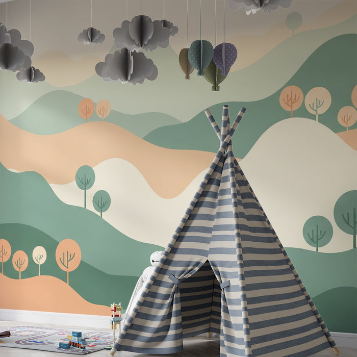 Kinderkamer behang | Abstract landschap met zachte heuvels en kleurrijke bomen