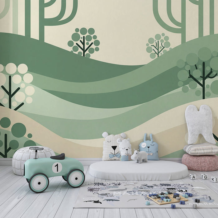 Papel de parede criança | Paisagem abstrata com colinas e árvores estilizadas