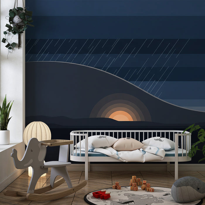 Børneværelses tapet | Abstrakt landskab med solnedgang og regn
