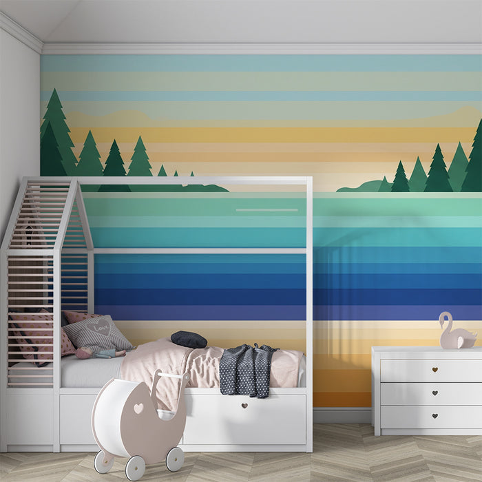 Behang kinderkamer | Abstract landschap met tinten blauw en groen