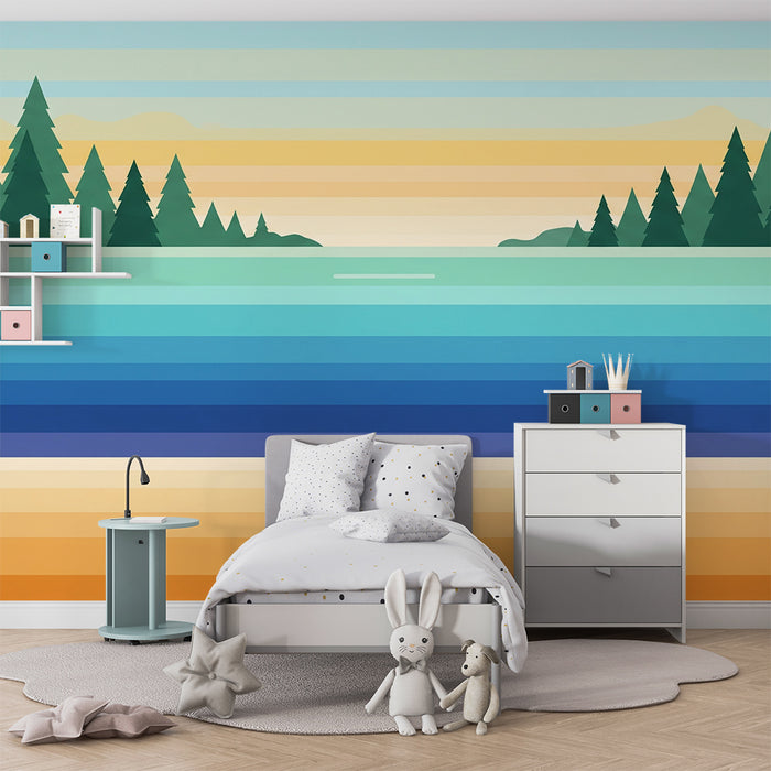 Behang kinderkamer | Abstract landschap met tinten blauw en groen