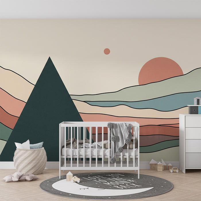 Papel de parede para quarto de criança | Paisagem abstrata com montanhas e sol pastel