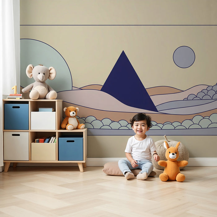 Papel de parede para quarto de criança | Paisagem abstrata com pirâmide e formas suaves