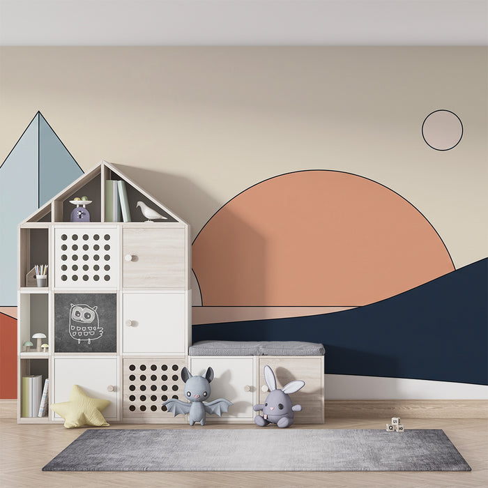 Behang kinderkamer | Abstract landschap met piramides en geometrische vormen