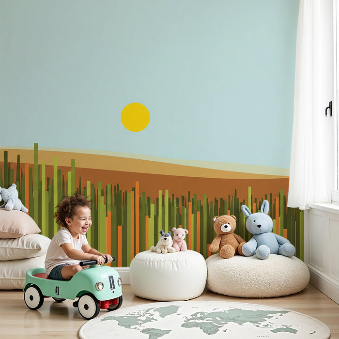 Behang kinderkamer | Abstract landschap met zon en gekleurde grassen