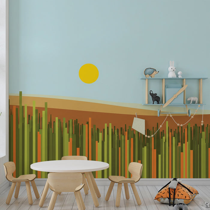 Behang kinderkamer | Abstract landschap met zon en gekleurde grassen