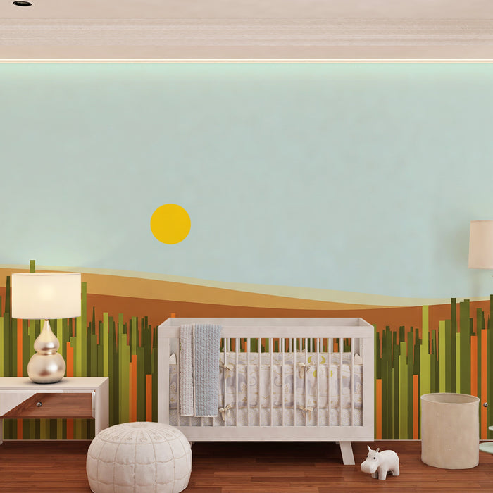 Behang kinderkamer | Abstract landschap met zon en gekleurde grassen
