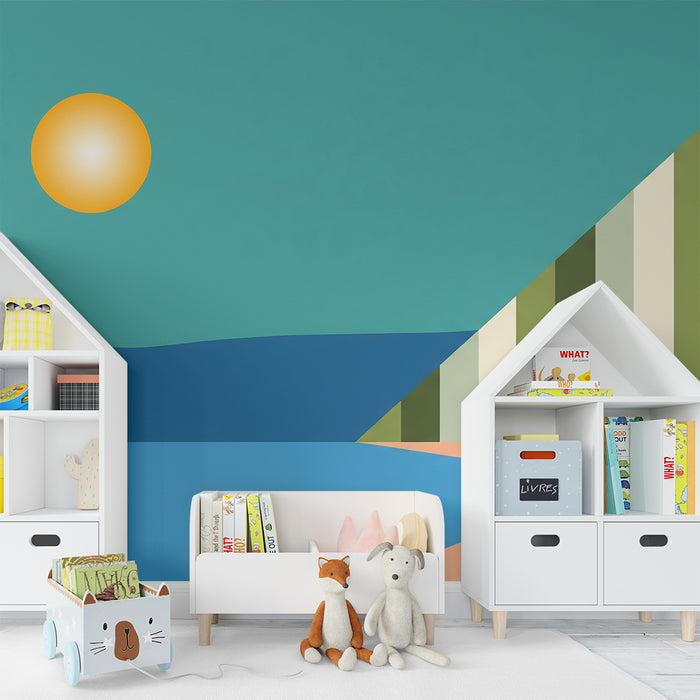 Kids room wallpaper | Abstract landscape with sun and waves