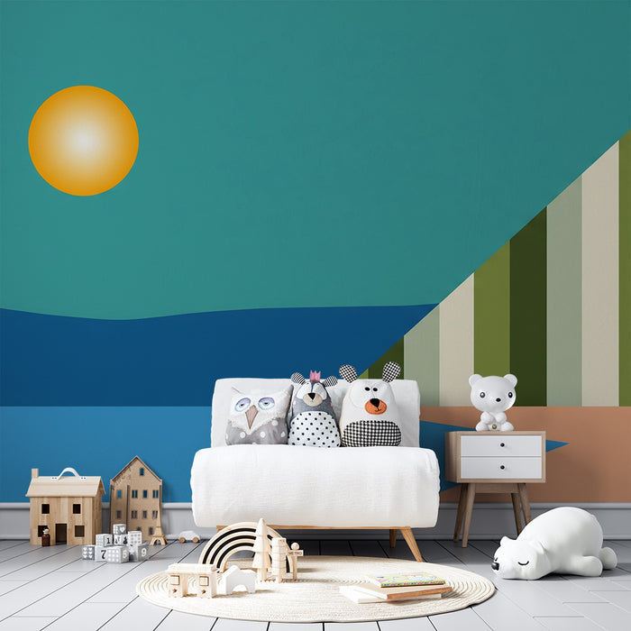 Kids room wallpaper | Abstract landscape with sun and waves