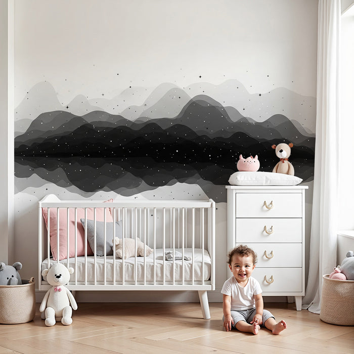 Kinderzimmer Tapete | Abstrakte Landschaft in Schwarz-Weiß mit glitzernden Sternen