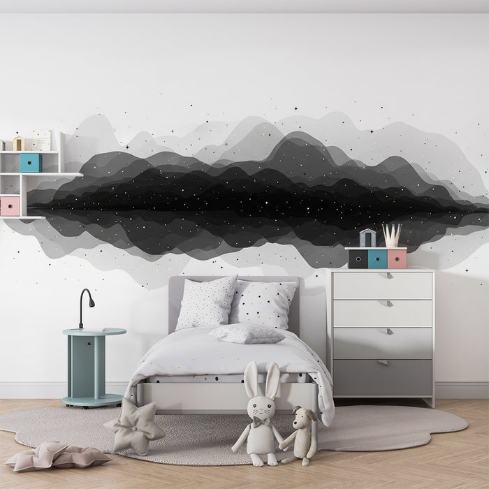 Kinderzimmer Tapete | Abstrakte Landschaft in Schwarz-Weiß mit glitzernden Sternen