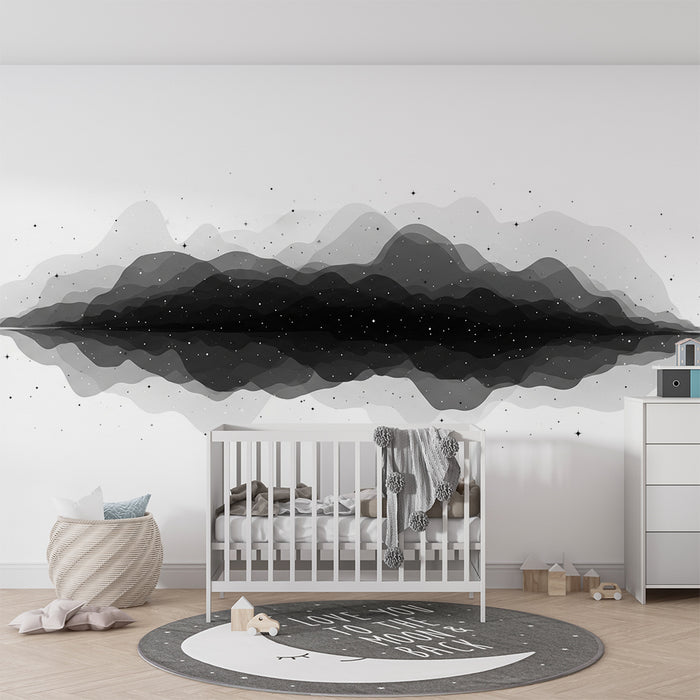 Kinderzimmer Tapete | Abstrakte Landschaft in Schwarz-Weiß mit glitzernden Sternen