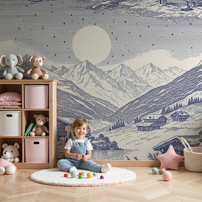 Children's bedroom wallpaper | Alpine landscape with chalets and majestic mountains