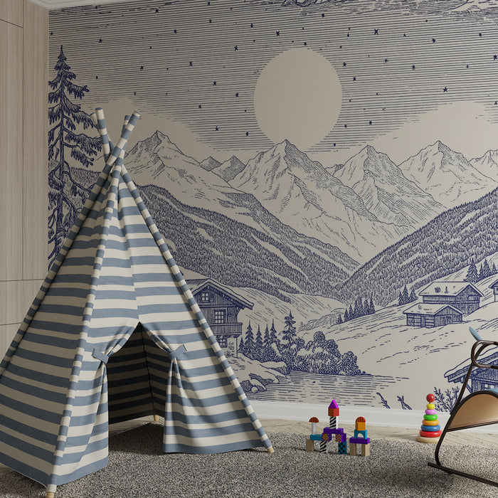 Children's bedroom wallpaper | Alpine landscape with chalets and majestic mountains