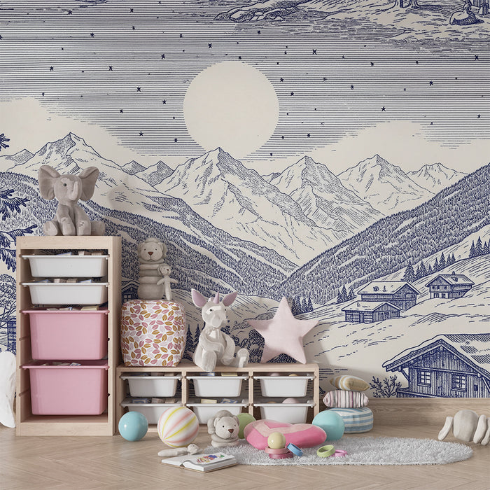 Children's bedroom wallpaper | Alpine landscape with chalets and majestic mountains
