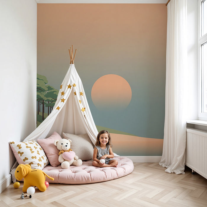 **Tapete Kinderzimmer | Beruhigende Landschaft mit Bäumen und Sonnenuntergang**