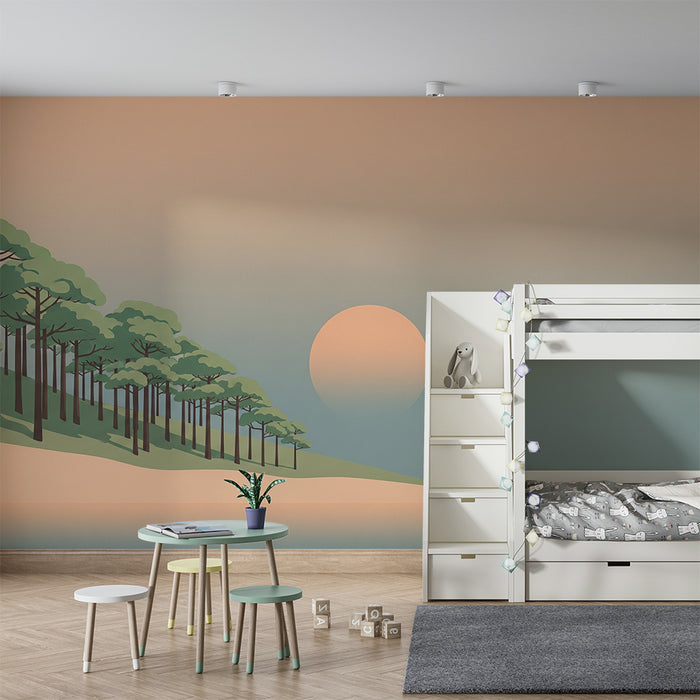 **Tapete Kinderzimmer | Beruhigende Landschaft mit Bäumen und Sonnenuntergang**