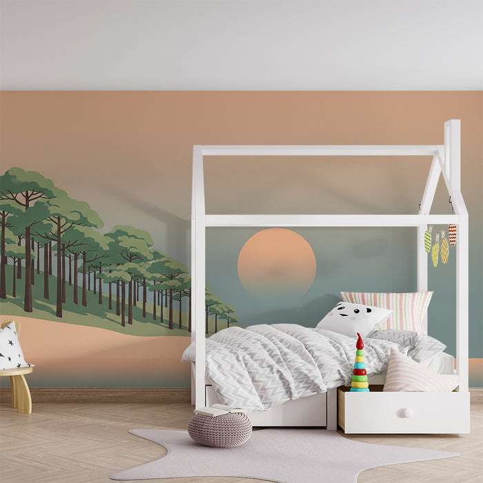 **Tapete Kinderzimmer | Beruhigende Landschaft mit Bäumen und Sonnenuntergang**