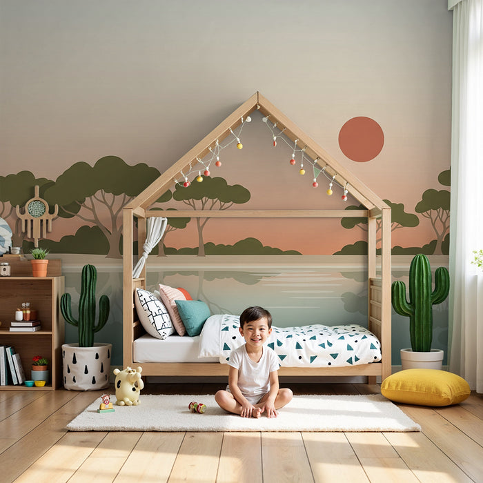 Papel pintado infantil | Paisaje relajante con árboles y reflejo en el agua