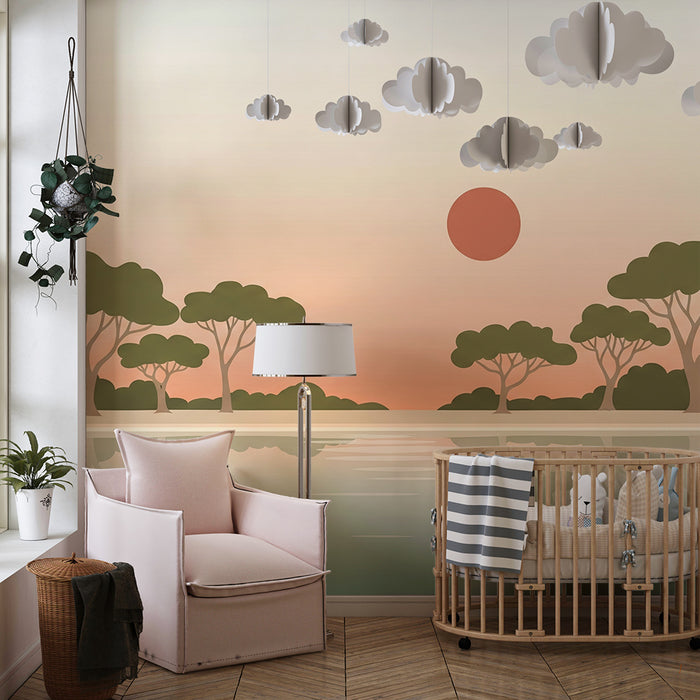 Papel pintado infantil | Paisaje relajante con árboles y reflejo en el agua