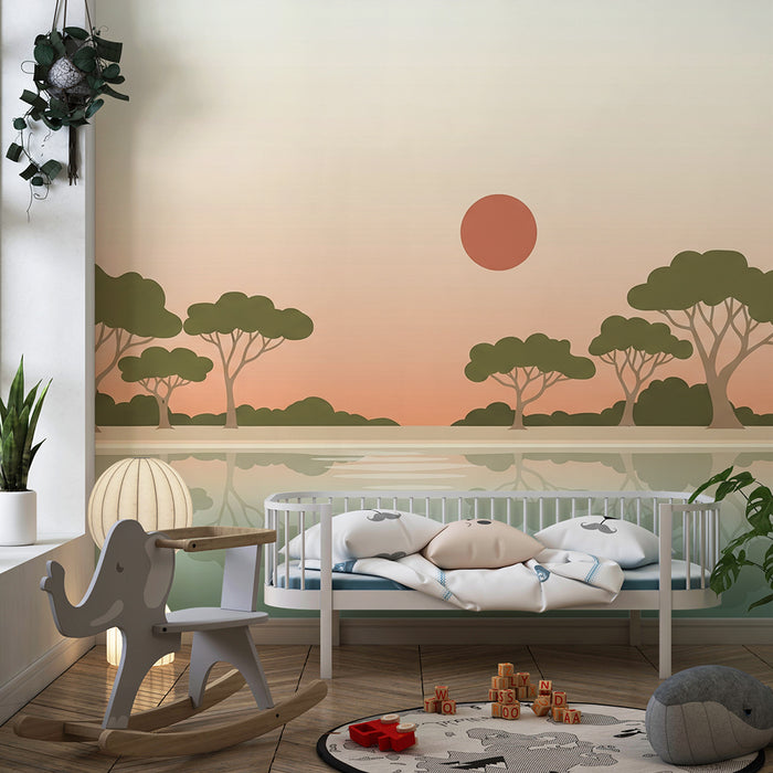 Papel pintado infantil | Paisaje relajante con árboles y reflejo en el agua