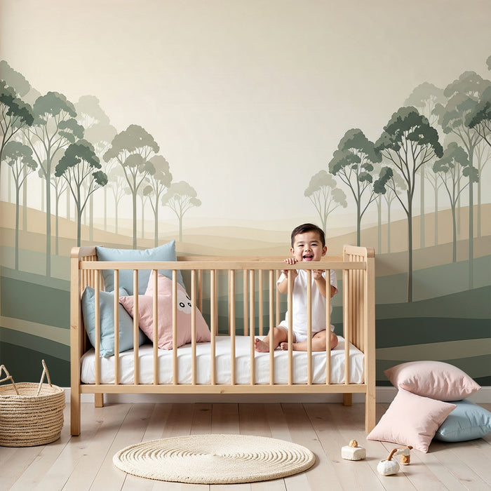 Kids' Room Wallpaper | Calming Landscape with Stylized Trees and Gentle Hills