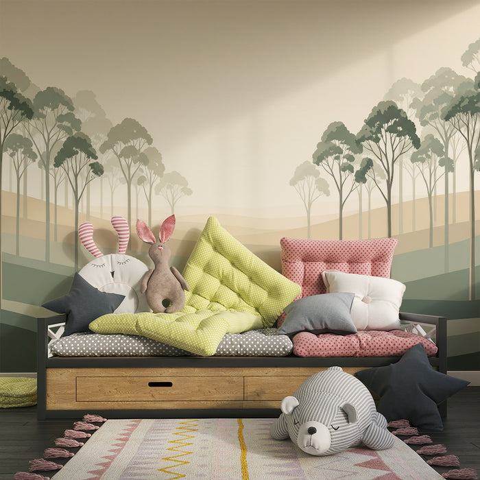 Kids' Room Wallpaper | Calming Landscape with Stylized Trees and Gentle Hills