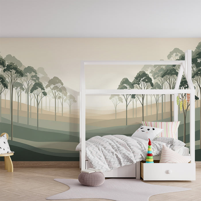 Kids' Room Wallpaper | Calming Landscape with Stylized Trees and Gentle Hills