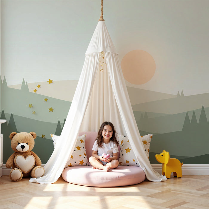 Dětská pokojová tapeta | Uklidňující krajina s kopci a jemným sluncem