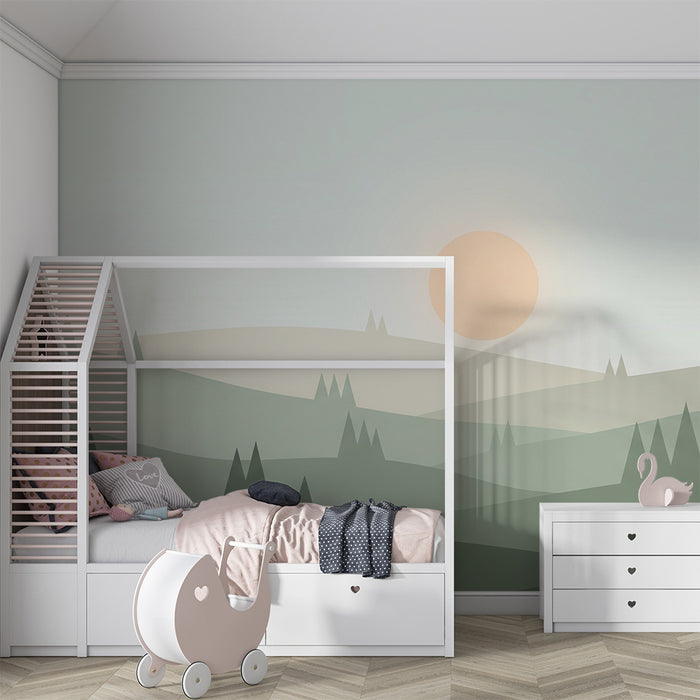 Dětská pokojová tapeta | Uklidňující krajina s kopci a jemným sluncem