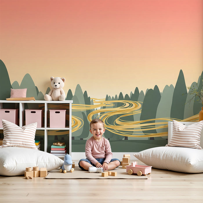 Børneværelse tapet | Beroligende landskab med bakker og gyldne floder