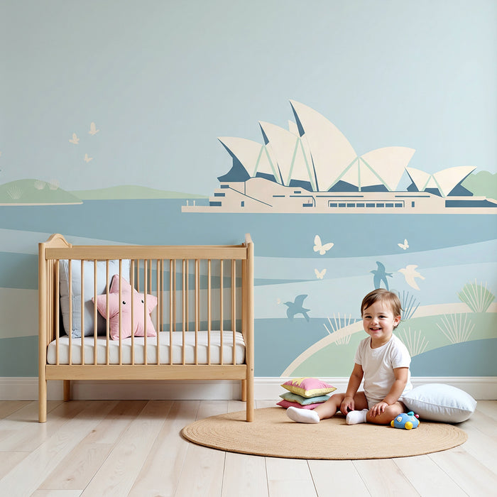 Papel pintado infantil | Paisaje relajante con la Ópera de Sídney y naturaleza suave
