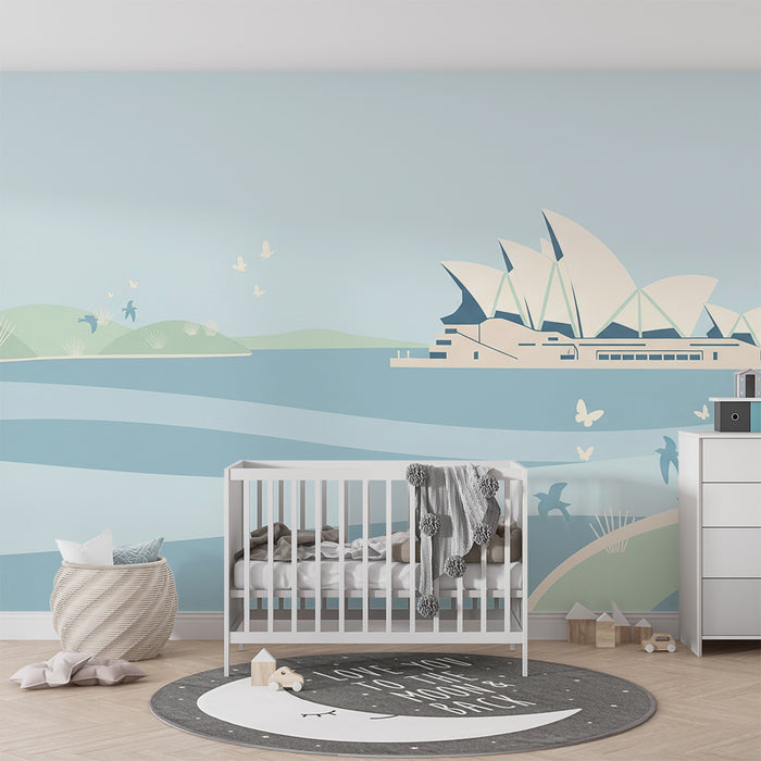 Papel pintado infantil | Paisaje relajante con la Ópera de Sídney y naturaleza suave