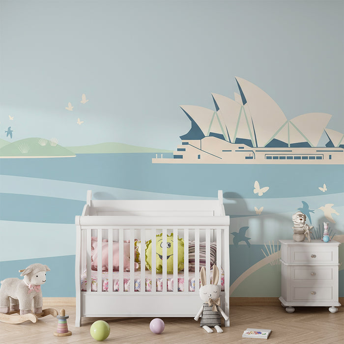Papel pintado infantil | Paisaje relajante con la Ópera de Sídney y naturaleza suave