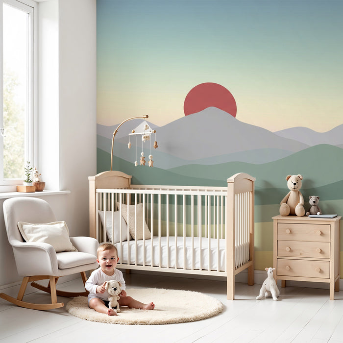 Dětská pokojová tapeta | Uklidňující krajina s horami a kvetoucími sakurami